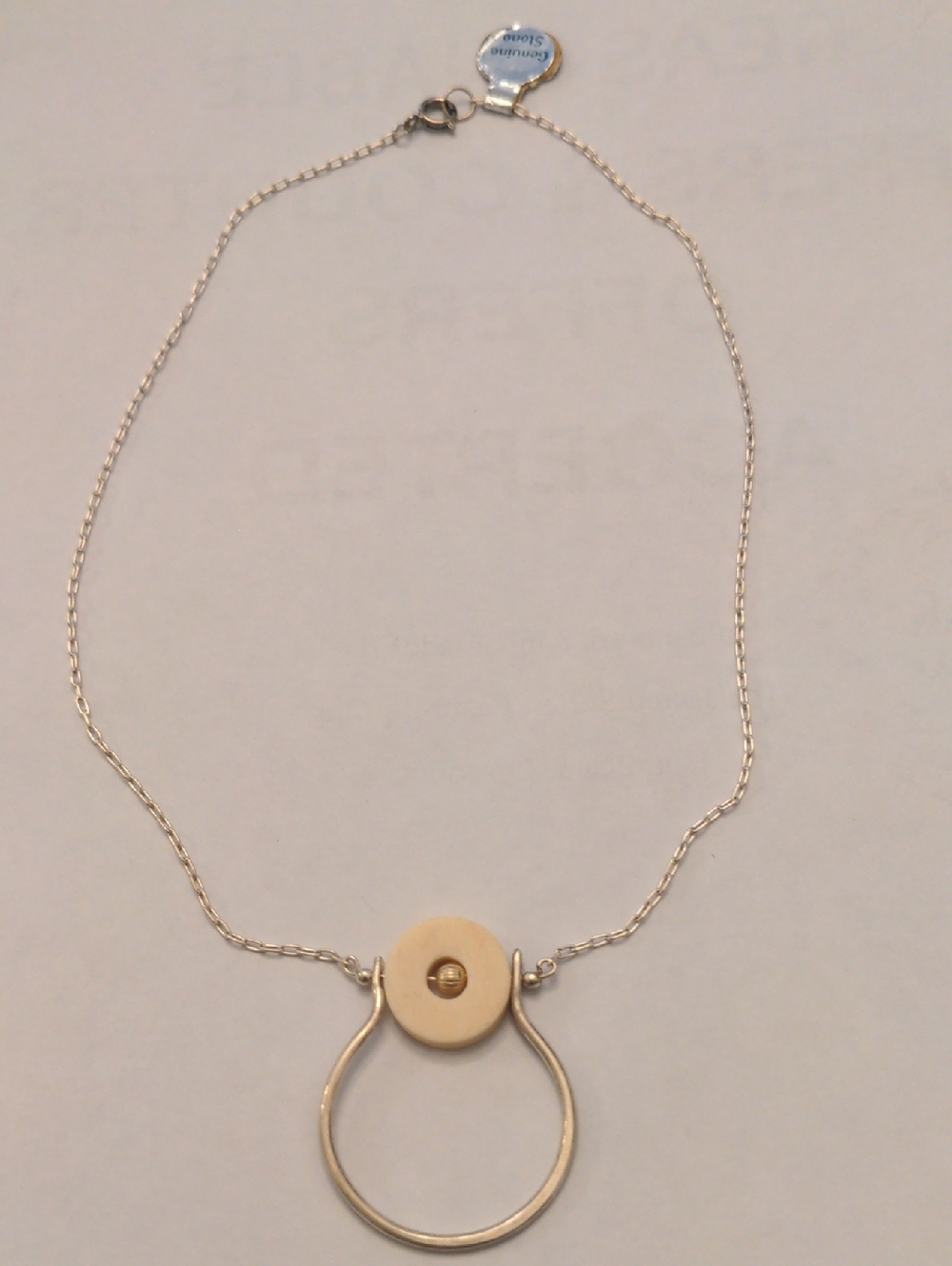 Vintage Sterling Silver Hoop Necklace with Cream Accent, Artisan, Dainty, Unworn